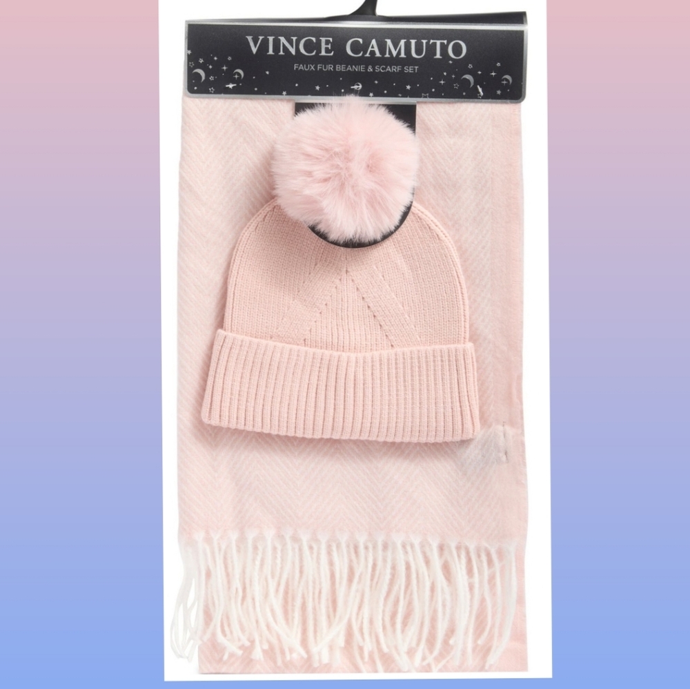 VINCE CAMUTO POM BEANIE AND BLANKET SCARF SET